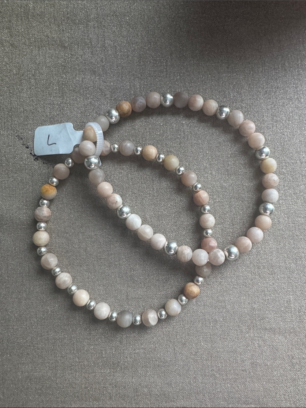 Natural Stone and Sterling Silver Bead Stretch Bracelet - Pink Beige